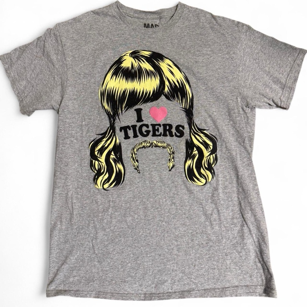 Funny Tiger King Gray Graphic T-Shirt with Yellow Hair Design